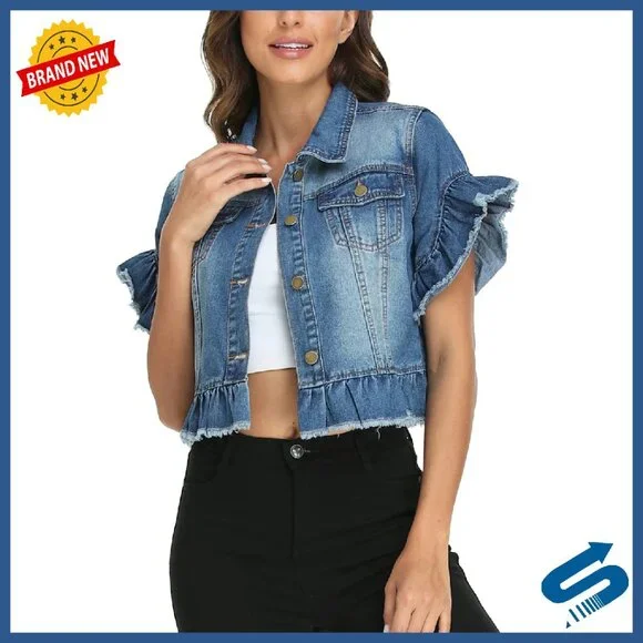 Cropped Denim Jacket with Ruffle Sleeves, Distressed Hem, Stretch Fit - Picture 1 of 8